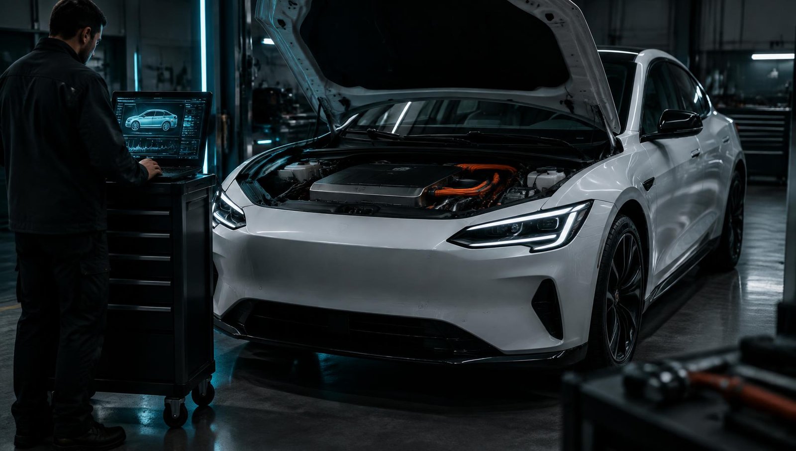 Technician running diagnostics on a laptop beside an electric car with the bonnet open