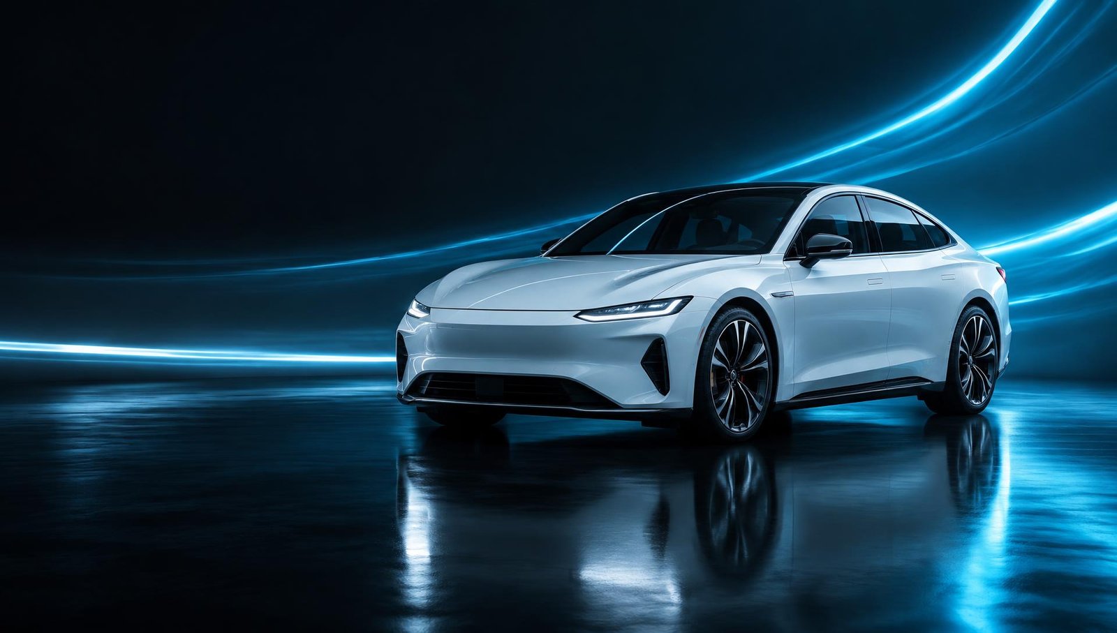White electric saloon lit by electric blue light trails