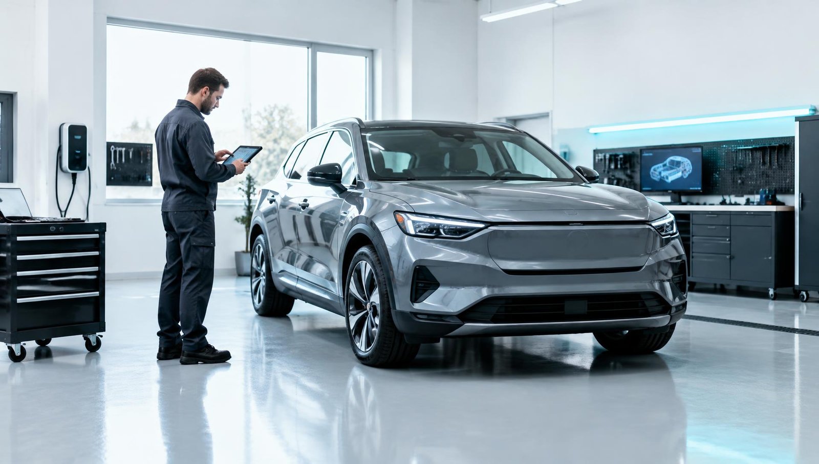 Technician using a diagnostic tablet beside an electric SUV